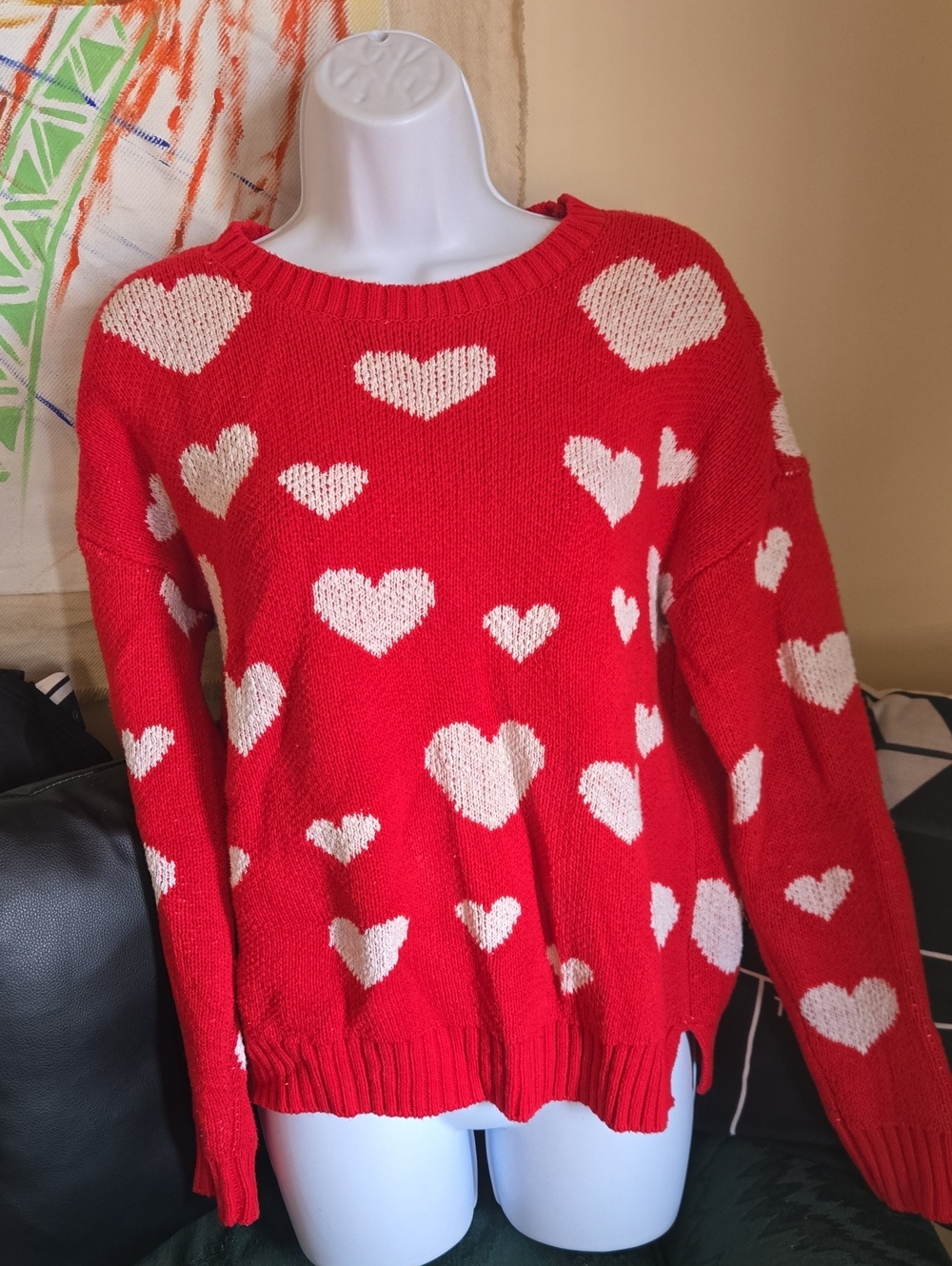 Women's Red Heart Pattern Crewneck Sweater